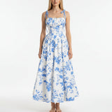 Smocked Floral Square Neck A-line Midi Dress