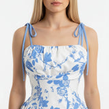 Smocked Floral Square Neck A-line Midi Dress