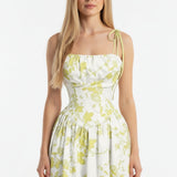 Smocked Floral Square Neck A-line Midi Dress