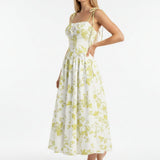 Smocked Floral Square Neck A-line Midi Dress