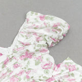 V-NECK PRINTED PUFF SLEEVES GATHERED BOW DRESS