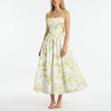 Smocked Floral Square Neck A-line Midi Dress