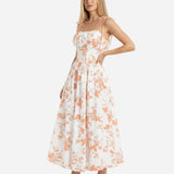 Smocked Floral Square Neck A-line Midi Dress