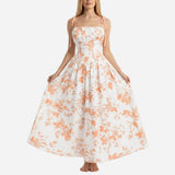 Smocked Floral Square Neck A-line Midi Dress