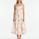 Smocked Floral Square Neck A-line Midi Dress