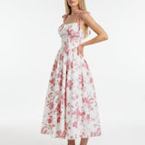 Smocked Floral Square Neck A-line Midi Dress