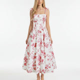 Smocked Floral Square Neck A-line Midi Dress