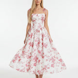 Smocked Floral Square Neck A-line Midi Dress
