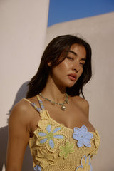 one-shoulder Floral Crochet Mini Dress - yellow