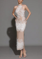 pandora Sleeveless Beaded Tassel Sequin Bandage maxi Dress - Khaki
