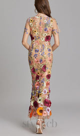 FLORAL EMBROIDERY MESH FISHTAIL MIDI DRESS IN BROWN