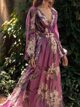 phoenix v-neck floral print puff sleeve maxi dress in purple