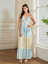 Floral Print Cami backless V Neck A Line maxi Dress - blue