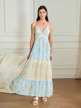 Floral Print Cami backless V Neck A Line maxi Dress - blue