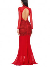 Slinky Mesh Long Sleeve Maxi Dress in Ruby