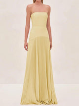 Pale Yellow Strapless Textured Pleated Floor-Length Maxi Gown