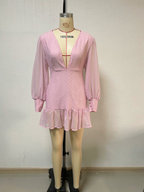 Lantern sleeve deep V-neck hollowed-out mini dress - pink