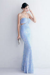 MARIAN BLUE CUTOUT SEQUINS HALTER MAXI DRESS