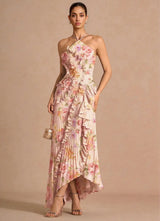 marcia Bouquet Floral  ruffle trim pleated Maxi Dress