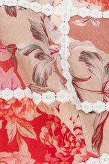 Linen lace-trim print strapless top shorts set - red