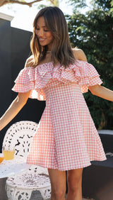Off Shoulder ruffle Plaid mini Dress - pink