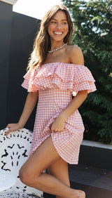 Off Shoulder ruffle Plaid mini Dress - pink