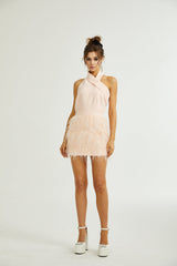 tara feather-detail tassel halter backless dress in pink