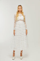 LACE LAYERED HIGH-WAISTED MIDI DRESS IN WHITE