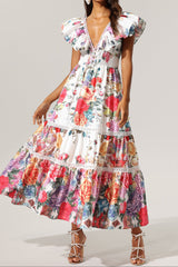 Violet Backless Ruffle Floral Printed Maxi Dress