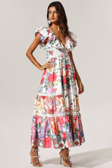 Violet Backless Ruffle Floral Printed Maxi Dress