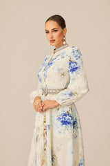 White Floral Print Midi Dress