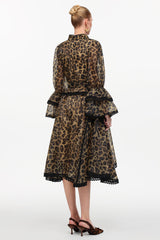 Uhren Resort Flowy V-Neck Long Sleeve Falbala Lace Woven Leopard Print Mini Dress