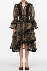 Uhren Resort Flowy V-Neck Long Sleeve Falbala Lace Woven Leopard Print Mini Dress