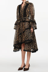 Uhren Resort Flowy V-Neck Long Sleeve Falbala Lace Woven Leopard Print Mini Dress