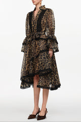 Uhren V-Neck Long Sleeve Falbala Lace Woven Leopard Print Mini Dress
