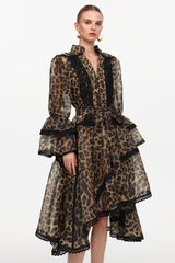 Uhren V-Neck Long Sleeve Falbala Lace Woven Leopard Print Mini Dress