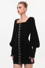 tina Cinched Waist Square Neck Long Sleeve Velvet Mini Dress in black