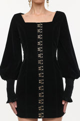 tina Cinched Waist Square Neck Long Sleeve Velvet Mini Dress in black