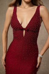 olivia Burgundy Beaded Plunging V‑Neck Maxi Dress