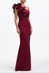 Mishell Romantic Contour One Shoulder Floral Pleated Maxi Dress