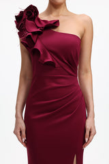 Mishell Romantic Contour One Shoulder Floral Pleated Maxi Dress