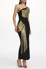 Roanna One Shoulder Sleeveless Golden Tassels Bandage Maxi Dress