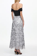 Merrit Off Shoulder Fringe Velvet Maxi Dress