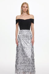Merrit Off Shoulder Fringe Velvet Maxi Dress
