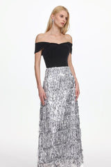 Merrit Off Shoulder Fringe Velvet Maxi Dress