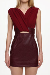 Ferina V Neck Ruched Faux Leather Mini Dress