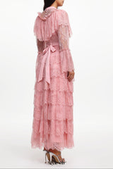 Emmi Long Sleeve Falbala Rhinestone Lace Pink Maxi Dress