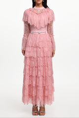 Emmi Long Sleeve Falbala Rhinestone Lace Pink Maxi Dress