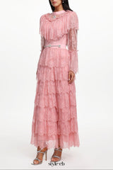 Emmi Long Sleeve Falbala Rhinestone Lace Pink Maxi Dress