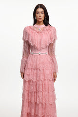 Emmi Long Sleeve Falbala Rhinestone Lace Pink Maxi Dress